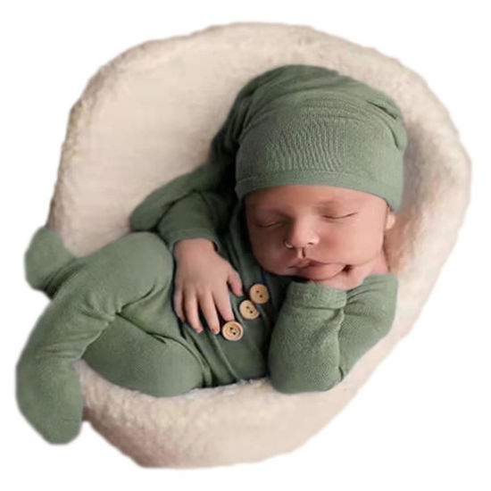 Picture of Fashion Newborn Boys Girls Baby Photo Shoot Props Outfits Crochet Clothes Long Tail Hat Pants Photography Props (grey-green)