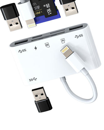 Picture of Lightning to USB Micro SD Card Reader Charger Adapter 6in1 for iPhone 13 14 Pro Max for iPad Dongle for Apple MFI Certified Hub Cable TF OTG Camera Memory Cord Converter Splitter Charging Accessories