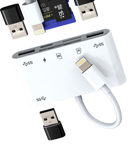 Picture of Lightning to USB Micro SD Card Reader Charger Adapter 6in1 for iPhone 13 14 Pro Max for iPad Dongle for Apple MFI Certified Hub Cable TF OTG Camera Memory Cord Converter Splitter Charging Accessories