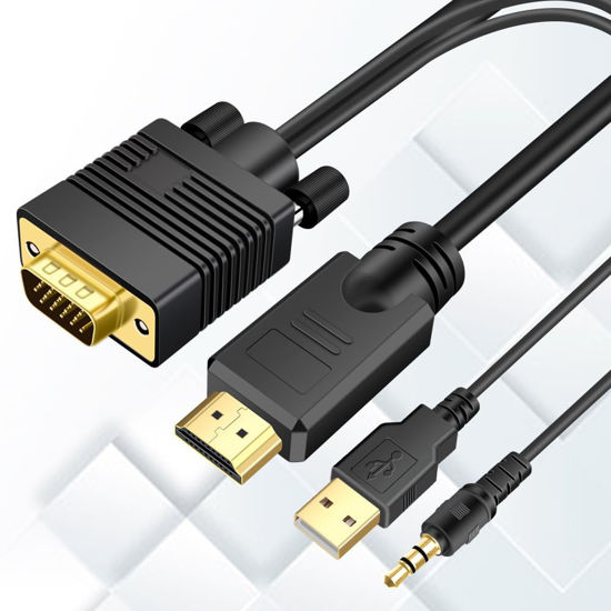 Picture of Kirzi VGA (Sources) to HDMI(Display) Cable 15ft with Audio, VGA to HDMI Adapter Cable Compatible Well Witch Computer/Projector/Laptop to Monitor/TV, VGA Male to HDMI Male Converter Cord for Desktop