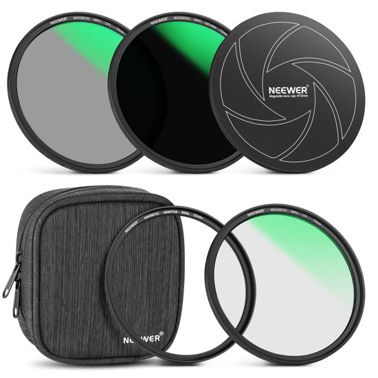 Picture of NEEWER 72mm 5-in-1 Magnetic Lens Filter Kit, includes Neutral Density ND1000+MCUV+CPL+Adapter Ring+Filter Cap with 42-Layer Coating/Ultra Slim/Scratch Resistant HD Optical Glass&Water-Resistant Pouch