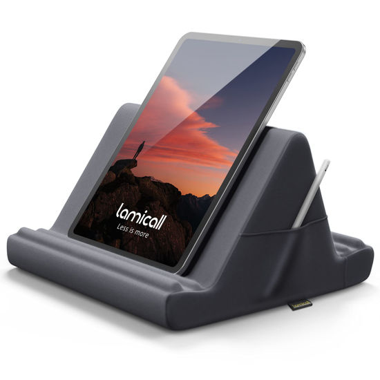 Picture of Lamicall Tablet Pillow Holder, Pillow Soft Pad - Tablet Stand Dock for Lap, Bed and Desk with Pocket & 4 Viewing Angles, for 2021 iPad Pro 11, 10.5, 12.9 Air Mini, Kindle, 4-13" Phone and Tablet, Gray