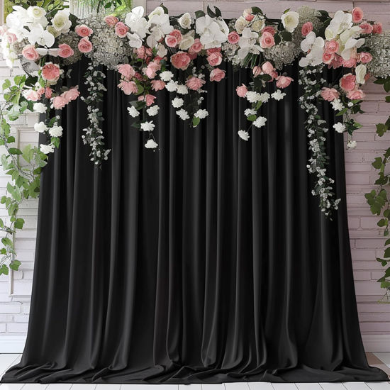 Picture of HAEFOO 10x10ft Black Backdrop Curtains for Parties Wedding Baby Shower Curtain Backdrop for Birthday Stage Background Decorations Thick Polyester Fabric Black Drapes for Backdrop 5x10ft, 2 Panels