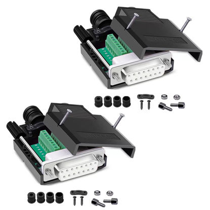 Picture of Jienk 2Pcs DB15 Solderless Female RS232 D-SUB Serial Adapters, 16mm thinner 15 Pin Port Terminal Solderfree Breakout Board Connector with Case Accessories