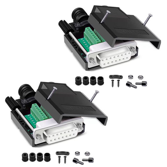 Picture of Jienk 2Pcs DB15 Solderless Female RS232 D-SUB Serial Adapters, 16mm thinner 15 Pin Port Terminal Solderfree Breakout Board Connector with Case Accessories