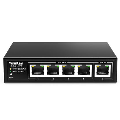 Picture of YuanLey 5 Port PoE Extender Gigabit with 4 PoE Out, 90W PoE in, IEEE 802.3af/at/bt Mini 5 Channel PoE Repeater 1000Mbps, Metal Casing, 6KV Lightning Protection, Passthrough POE Switch, Plug and Play