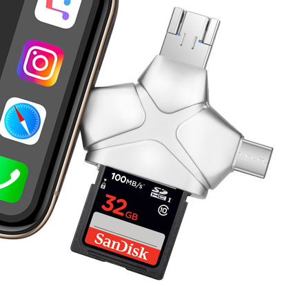 Picture of JOZDAUP SD/Micro SD Card Reader for iPhone/iPad/Android/Mac/Computer/Camera, 4 in 1 Triangle Portable Memory Card Reader, Compatible with TF Cards&Trail Camera Viewer, Plug and Play, No App Required
