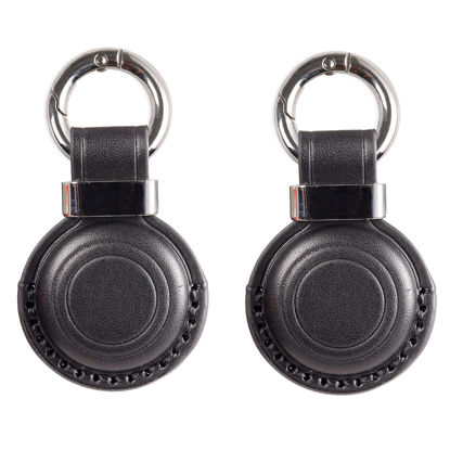 Picture of 2 Pack KEEPXYZ Genuine Leather Airtag Holder Suitable for Apple Airtag Keychain Leather, Secure Air Tag Holder with Stainless Steel Ring Lock, Durable Airtag Case Cover Key Ring - Black V2.0 (No Hole)