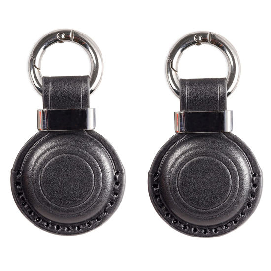 Picture of 2 Pack KEEPXYZ Genuine Leather Airtag Holder Suitable for Apple Airtag Keychain Leather, Secure Air Tag Holder with Stainless Steel Ring Lock, Durable Airtag Case Cover Key Ring - Black V2.0 (No Hole)