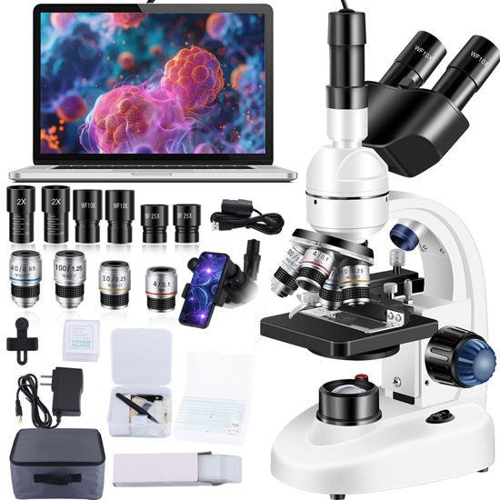 Picture of Adult Trinocular Microscope WF10x and WF25x Eyepieces 40X-5000X Magnification, Digital Lab Trinocular Compound LED Microscope (Trinocular Microscope with Electronic Eyepieces)