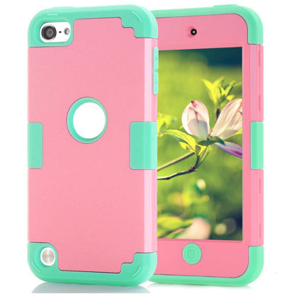 Picture of Case for iPod Touch 5 Case for iPod Touch 6 Case, Dual Layered Hard PC Case + Silicone Shockproof Heavy Duty High Impact Armor Hard Cover for Apple iPod Touch 5/6/7th Generation (Pink+Green)