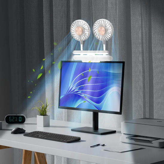 Picture of USB Screen Clip on Fan with Flip-Open LED Light Bar, Two-Head Personal Cooling Fan Computer Monitor Fan Laptop Fan Quiet USB Fan for Office, 3 Wind Speeds, for Flat, Curved Monitors (Glacier Silver)