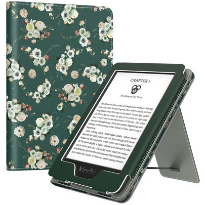 Picture of MoKo Case Fits 6" Kindle(11th Generation, 2024/2022 Release)/Kindle(10th Gen,2019)/Kindle(8th Gen, 2016), Ultra Lightweight PU Shell Cover with Auto Wake/Sleep for Kindle 2024, Flowers & Dark Green