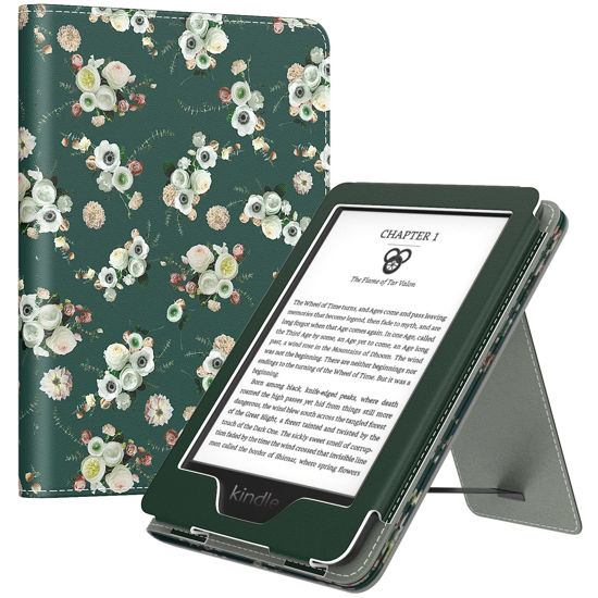 Picture of MoKo Case Fits 6" Kindle(11th Generation, 2024/2022 Release)/Kindle(10th Gen,2019)/Kindle(8th Gen, 2016), Ultra Lightweight PU Shell Cover with Auto Wake/Sleep for Kindle 2024, Flowers & Dark Green