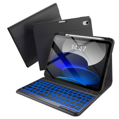 Picture of typecase Folio Keyboard Case for iPad 10th Generation 2022 (10.9"), 7-Color Backlit, Magnetic Wireless Detachable, Thin & Light, Pencil Holder, Carbon Fiber