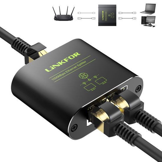 Picture of LiNKFOR Ethernet Splitter 1 in 2 Out,1000Mbps High Speed Ethernet Splitter RJ45 Network Extension Connector with USB Type C Cable Gigabit Ethernet Switch Network Sharing for Cat8 Cat7 Cat6 Cat5 Cat5e