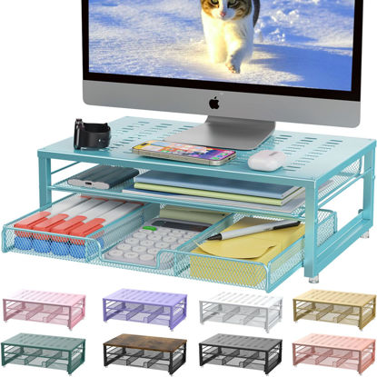 Picture of gianotter Computer Monitor Stand Riser, Desk Organizers and Accessories with Drawer, Office Desk Accessories & Workspace Desktop Organizers Storage for Classroom Office Supplies Decor (Blue)