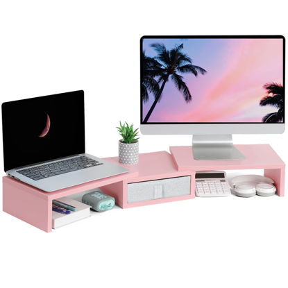 Picture of TEAMIX Pink Dual Monitor Stand Riser with Drawer - Length and Angle Adjustable Double Corner Desk Shelf Organizer 37 inch for 2 Laptop/PC/Screen/TV (1 Drawer - 4.5''H)