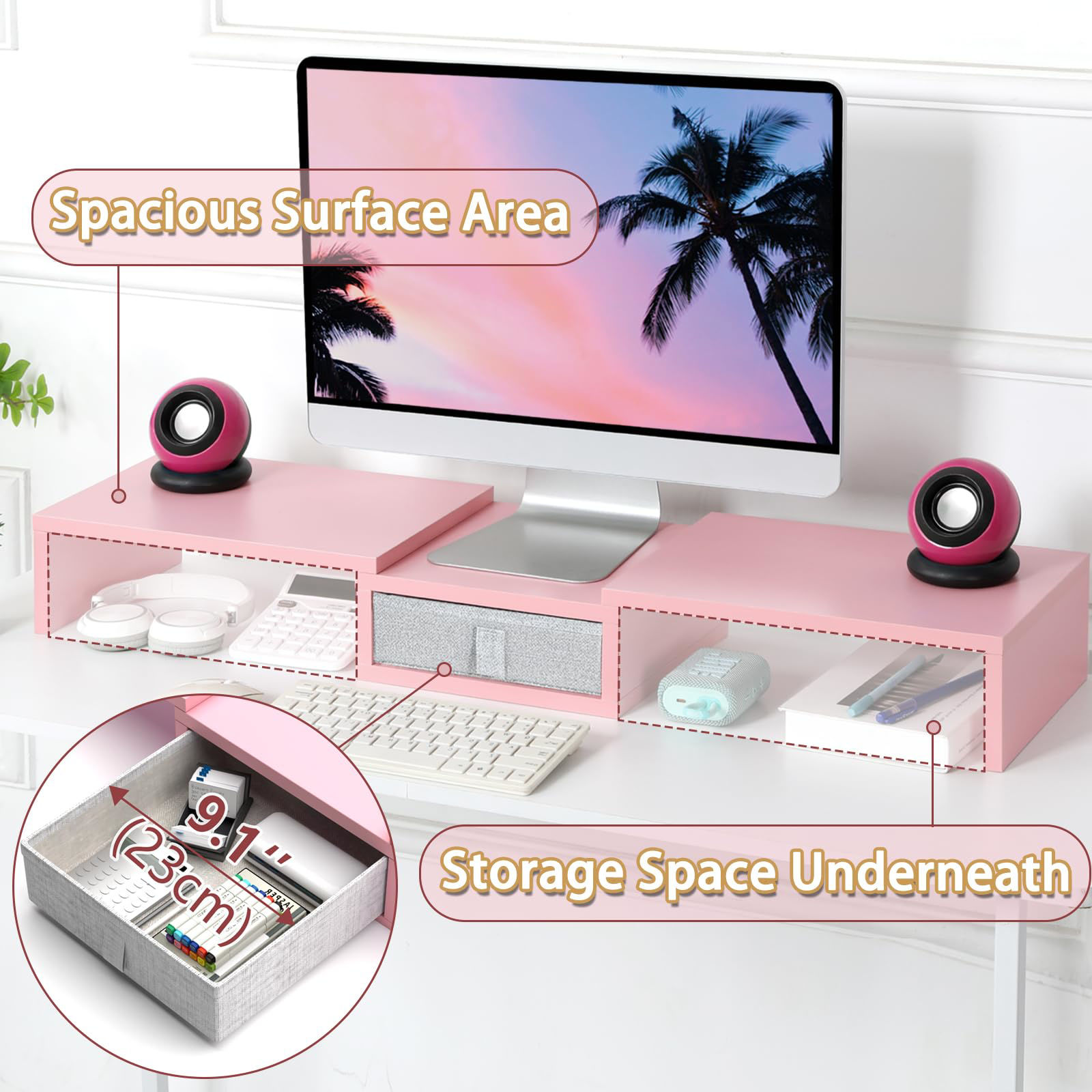 GetUSCart- TEAMIX Pink Dual Monitor Stand Riser with Drawer - Length ...