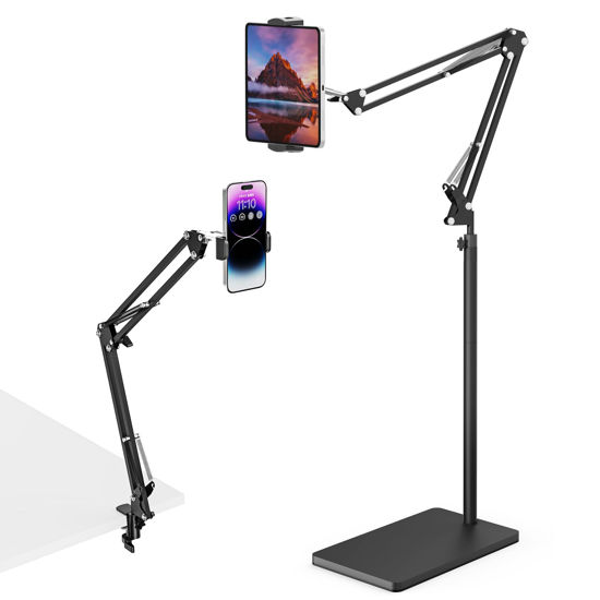 Picture of mmcrz Tablet Floor Stand with 11lb Stable Base & Desk Clamp, Adjustable Height Stretchable Arm Swivel Dual Holder, Compatible with iPhone, iPad Pro Air Mini, Galaxy Tab, Kindle, Phones (4.5''-13'')