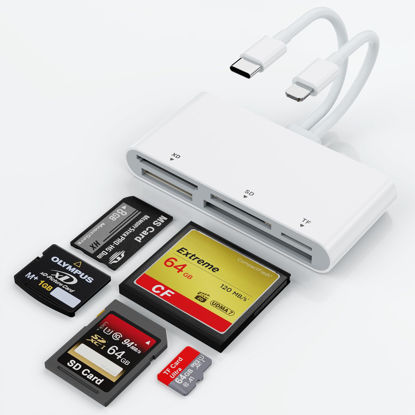 Picture of Multi Card Reader for SD, CF, XD, Micro SD, MS Cards, 5 in 2 Multi Memory Card Reader OTG Adapter Hub for iPhone 16/iPhone 15/iPad/MacBook/Samsung, for Windows, Mac OS, iOS, Linux, Android, Chrome OS