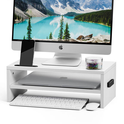 Picture of Marbrasse Monitor Stand Riser, 16.5 Inch 2 Tier Computer Printer Shelf Stand for Laptop Computer Screen Storage, Desktop Stand with Phone Holder and Cable Management (White)