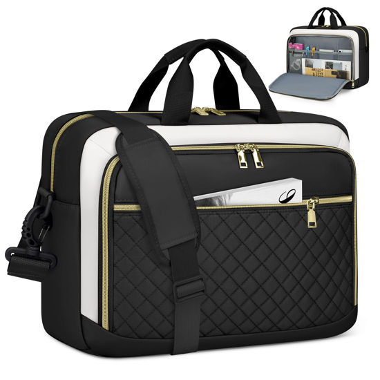 Picture of NEWHEY Laptop Bag 17.3 Inch Laptop Briefcase for Women Men Waterproof Shoulder Messenger Bag Large Computer Bag for Business Office Work College, Black&Beige