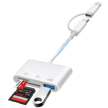 Picture of Denlane SD Card Reader for iPhone iPad Mac, USB C and Lightning Dual Interface Memory Card Reader, Digital Camera Adapter to iPhone SD Card Viewer with SD/Micro SD/USB-A 3 Slot, No App Plug and Play