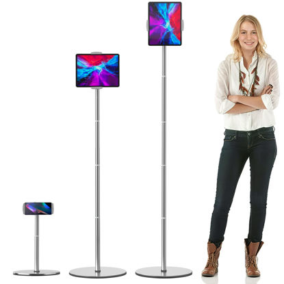 Picture of OATSBASF Tablet Floor Stand, Height Adjustable(16.5-66.1 inch), 360 Degree Rotating, Aluminum Alloy Cradle Mount Dock for 4.7"-12.9" Screen iPhone Samsung, iPad, Kindle, eBook Reader (White)