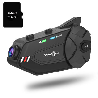 Picture of FreedConn Motorcycle Bluetooth Headset with Camera R1plus Recorder Motorcycle Helmet Bluetooth WiFi 1080P 1000M 6 Riders Group Intercom Helmet Communication System(Comes with 64G TF Card)