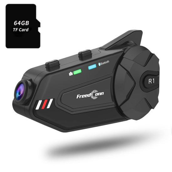 Picture of FreedConn Motorcycle Bluetooth Headset with Camera R1plus Recorder Motorcycle Helmet Bluetooth WiFi 1080P 1000M 6 Riders Group Intercom Helmet Communication System(Comes with 64G TF Card)