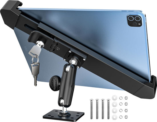Picture of Dosvsi Locking Car Tablet Mount,【Metal Adjustable Arm】 Anti-Theft iPad Holder for Commercial Fleet/Work Truck, Industrial Drill Base Dash Stand for iPad 11 Air Mini, ELD, Galaxy Tab, 7-11" Devices