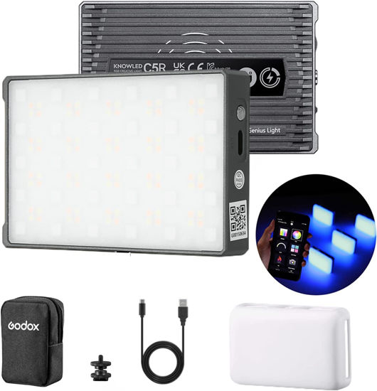 Picture of Godox C5R RGBWW Video Panel Light, RGB Camera Light with 14 FX Special Effects, Dimmable 2500K to 8500K, Built-in 3.8V/3000mAh Rechargeable Battery, Pocket RGB Video Light for YouTube Video Shooting