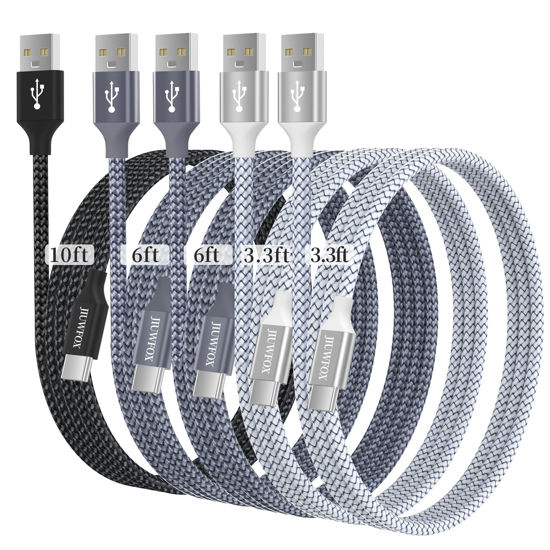 Picture of JIUWFOX USB to USB C Cable, USB A to Type C Charger Cord [5-Pack, 3.3+3.3+6+6+10FT], for iPhone 16/15 Pro Max, Samsung Galaxy S24 S23 S22 S21 S20 S10 S9 S8, Note 10 9 8, A11 A20 A50 A51 A71 A80