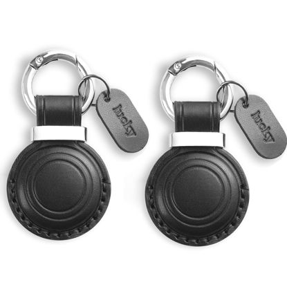 Picture of [2 Pack] Jayanes Genuine Leather AirTag Keychain Holder - Compatible with Apple AirTag Keychain Holder, Secure Hidden Air Tag Case Cover Key Ring Chain Fob Accessories - Black
