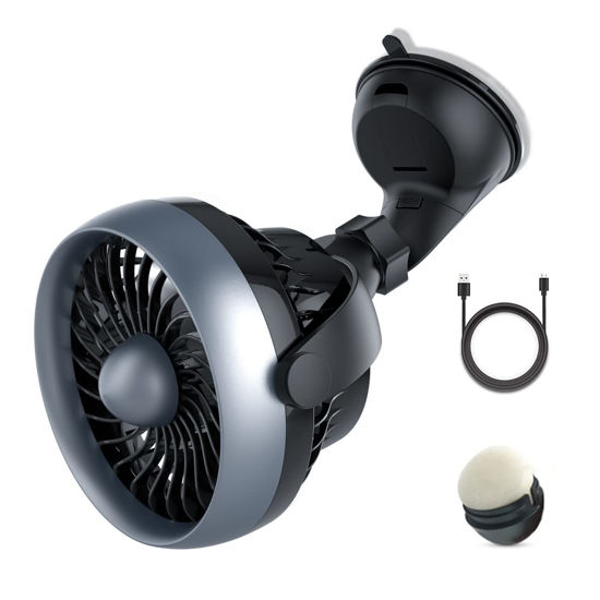 Picture of Portable Car Fan with Suction Cup and 4 Speeds, Bonus Aroma Function, USB Dashboard Cooling Air Circulator Fan for Sedan SUV RV Auto Vehicles Home, Window, Windshield, Wall, 4.92 ft, 5V, Quiet