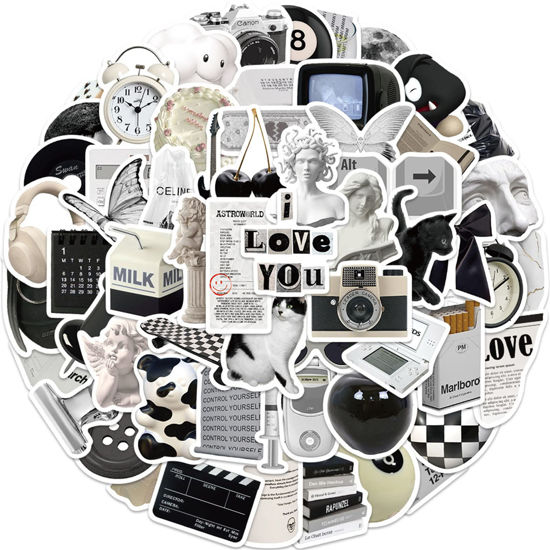 Picture of Aesthetic Stickers Black and White Stickers Pack 60PCS, Y2K Aesthetic Stickers for Laptop Decals Eikecy Vinyl Waterproof Retro Vintage Stickers for Adults Teens