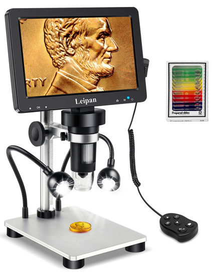 Picture of 7" LCD Digital Microscope 1200X,Leipan 12MP Coin Microscope with Screen for Adults,1080P Video Microscope with 12pcs Slides,Wired Remote,2 Side Lights,Windows/Mac OS Compatible