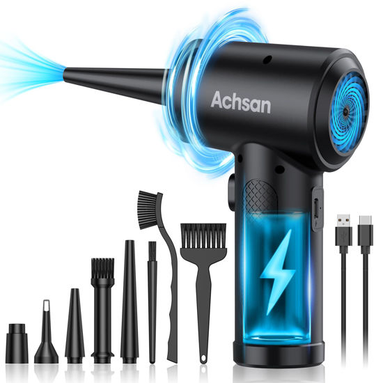 Picture of Achsan Powerful Compressed Air Duster for Deep Cleaning-Keyboard Cleaner for Office-PC Cleaning-Rechargeable-3-Speeds-91000RPM Cordless Air Blower- Car Duster 7600mAh(Black)