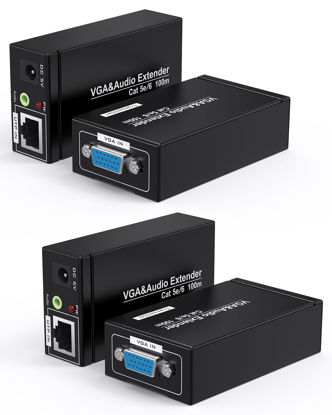 Picture of MOERISICAL 2 Pack VGA Extender Over Cat6 Cat5e up to 328ft / 100M Video VGA Extension Adapter Over RJ45 Ethernet Cable (Transmitter + Receiver)
