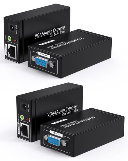 Picture of MOERISICAL 2 Pack VGA Extender Over Cat6 Cat5e up to 328ft / 100M Video VGA Extension Adapter Over RJ45 Ethernet Cable (Transmitter + Receiver)