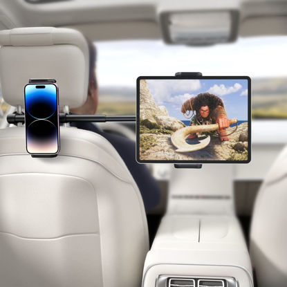 Picture of Car Headrest Tablet Mount Holder: Double Cradles Backseat Stand with Extension Arm for Kids Compatible Phone | iPad Pro Air Mini | Galaxy Tabs | Kindle Fire HD | Switch Lite & Other 4.7-12.9" Device