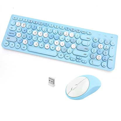 Picture of Wireless Keyboard and Mouse Combo, Retro Typewriter Wireless Keyboard with Round Keycaps, 2.4GHz Full-Size USB Cute Wireless Keyboard Mouse for Computer, Desktop, Laptop (Blue Colorful)