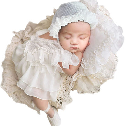 Picture of Holibeat Baby Girl 4PCS Photography Props (Romper+Pillow+Hat+Shoes) Newborn Girl Christmas Lace Photoshoot Outfits Infant Posing Props (white)