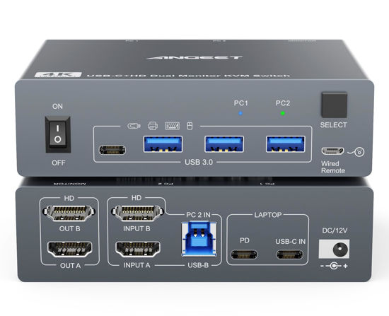 Picture of Dual Monitor KVM Switch for Laptop & Desktop 4K@60Hz, USB C and HDMI KVM Switch 2 Monitors 2 Computers with 4 USB 3.0 Port for Keyboard Mouse, 80W PD Charging, with Wired Remote and USB C Cable