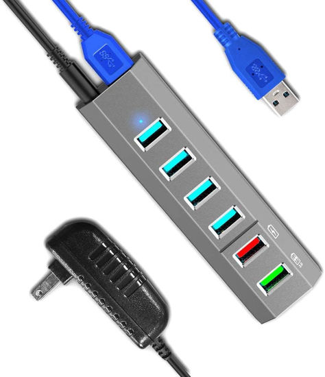 Picture of USB Hub, Aiibe 6 Ports Super High Speed USB 3.0 Hub Splitter + 24W Power Adapter + USB 3.0 Cable, Smart Fast Charger Powered USB Hub for Laptop, Mac, PC, Mobile HDD, Mulitple Devices - Gray