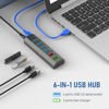 Picture of USB Hub, Aiibe 6 Ports Super High Speed USB 3.0 Hub Splitter + 24W Power Adapter + USB 3.0 Cable, Smart Fast Charger Powered USB Hub for Laptop, Mac, PC, Mobile HDD, Mulitple Devices - Gray