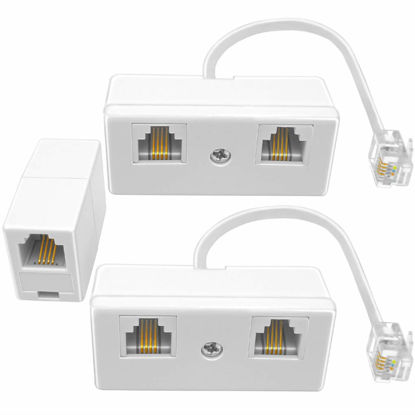 Picture of NECABLES 2+1Pack 2pcs Phone Jack Splitter 1 to 2 RJ11 6P4C 1 Male to 2 Females with 6in Pigtail and 1pc Phone Line Coupler for Landline and Fax White