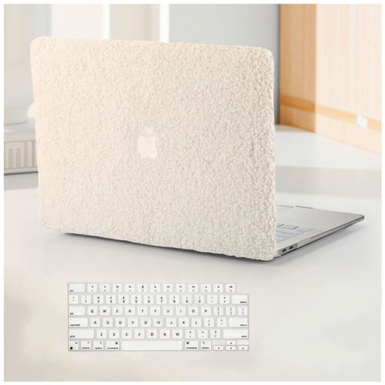 Picture of BYCeKe Compatible with MacBook Air 13.6 inch Case 2022 2023 2024 Release M3 A3113 M2 A2681, Soft Fluffy Fuzzy Plush Faux Fur Cream Leather Hard Shell Case&Keyboard Cover for Mac Air 13.6 Laptop, Beige