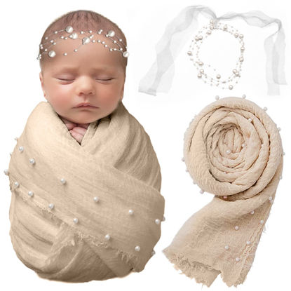 Picture of SPOKKI 2 PCS Baby Props Photography Wrap Kit, Newborn Photography Props, Handmade Pearl Wrap Blanket for Baby Photo Props with Pearl Headband, 35.5 X 67 inch Newborn Outfits for Photography (Beige)
